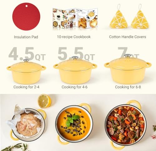 Overmont Enameled Cast Iron Dutch Oven - 7QT Pot with Lid Cookbook & Cotton Potholders - Heavy-Duty Cookware for Braising, Stews, Roasting, Bread Baking GooseYellow