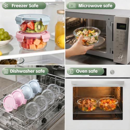 4 Pack 12oz Glass Meal Prep Containers, Glass Food Storage Containers with Airtight Lids, Leak Proof, Easy to Clean, Microwave, Dishwasher, Oven, and Freezer Safe