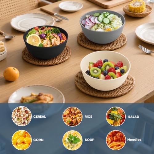 Wheat Straw Bowls Sets of 6, 26oz Plastic Bowl Reusable, Unbreakable Cereal Bowl, Microwave and Dishwasher Safe Soup Bowls for Kitchen, Camping, RV, Party - BlackBeige