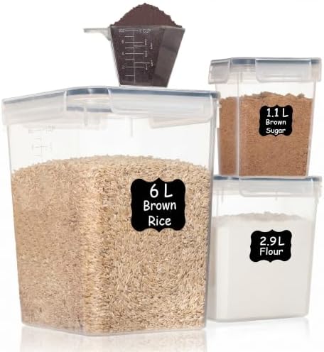 Shazo Flour Sugar Storage Containers Set of 3 (6L, 2.9L, 1.1L) Large Airtight Food Storage Containers with Lids, BPA-Free Plastic Container for Kitchen & Pantry Organizers, Cereal, Rice & Pasta