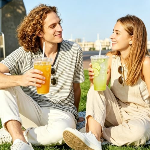 100 Pack 24 oz Disposable Plastic Cups with Lids and Straws