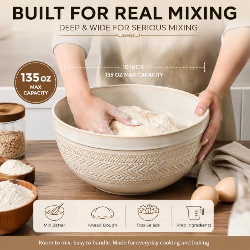 Ceramic Mixing Bowls Set of 3, Large Nesting Serving Bowls