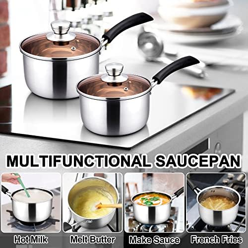 LIANYU Sauce pan Set with Lid, 1 Quart and 2 Quart Stainless Steel Saucepan