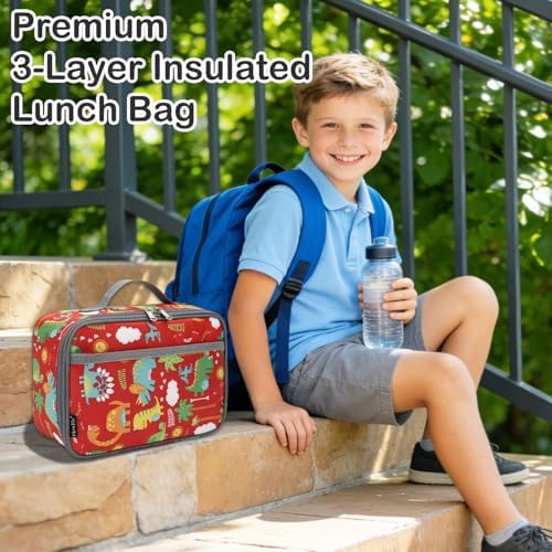 FlowFly Kids Lunch box Insulated Soft Bag Mini Cooler Back to School Thermal Meal Tote Kit for Girls, Boys,Dinosaur&Coconut