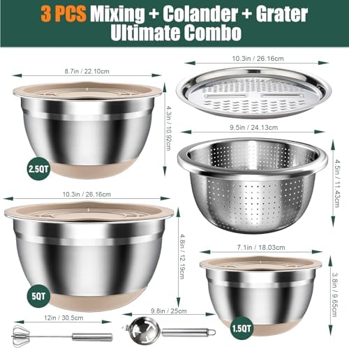 Stainless Steel Mixing Bowls Set with Lids & Silicone Base,7‑Piece Set