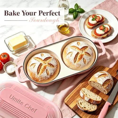 Umite Chef Dutch Oven for Sourdough Bread Baking – Enamelled Cast Iron Bread Loaf Pot – 500°F Oven Safe– Double Round Loaf Space, 16.5“ Diameter, 5" Banneton Proofing Baskets & Cotton Potholders(Pink)