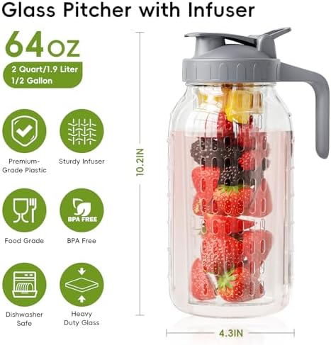 JunVpic Glass Mason Jar Pitcher, 64 oz Wide Mouth Jug