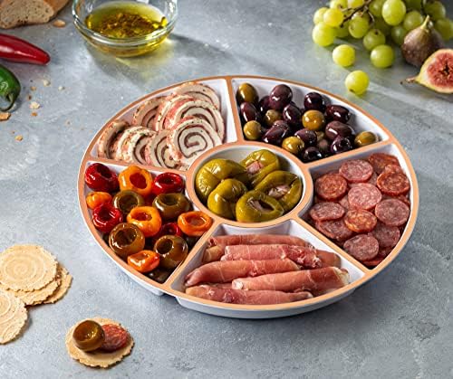 Plasticpro 6 Sectional Round Plastic Serving Tray/Platter (8, White & Rose Gold)