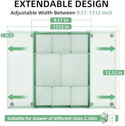 Marbrasse Expandable Desk Drawer Organizer, Mesh Drawer Organizer Tray with 10 Adjustable Compartments, Desk Organizers and Accessories for Office Supplies, Makeup & Vanity (Expandable-Green)