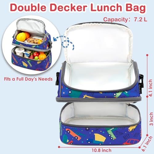 FlowFly Kids Double Decker Cooler Insulated Lunch Bag Large Tote for Boys, Girls, Men, Women, With Adjustable Strap, Car