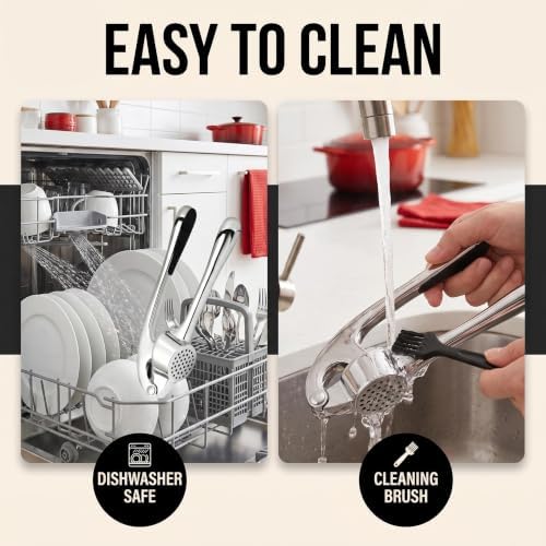 Garlic Press Stainless Steel, 2 in 1 Garlic Mincer & Herb Scissors, Dishwasher Safe Garlic Crusher, Rust Proof Garlic Smasher and Mincer Tool with Peeler and Brush for Kitchen