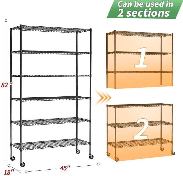 BestOffice | 6-Tier Wire Shelf | 18" x 45" x 82" | Black