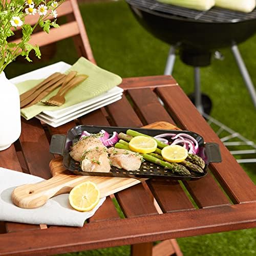 RSVP International Porcelain Coated Steel BBQ Grill Tray/Pan, Outdoor Barbeque Grilling Accessories for Cooking Fish & Vegetables, Dishwasher Safe, Small, 13x7.25"