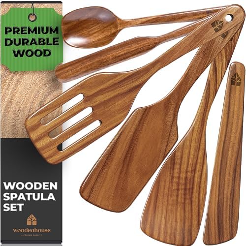 Wooden Spatula for Cooking, Teak Set of 6 for Non-Stick & Cast Iron