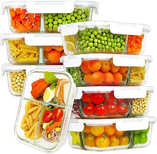 8 Pack 36oz Borosilicate Glass Meal Prep Containers 3 Compartment with Lids