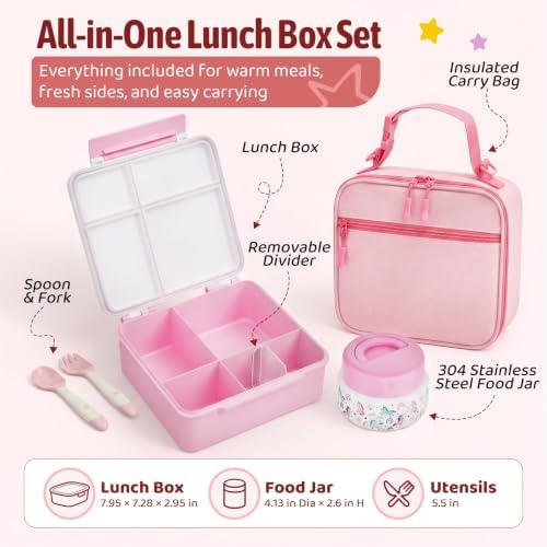 Bento Box for Kids with Thermo Food Container (9oz), 4-Compartment Lunch Box, Adjustable Divider, Leakproof Bento Lunch Box, Includes Utensils & Carry Bag for School, Office(White-Horse)