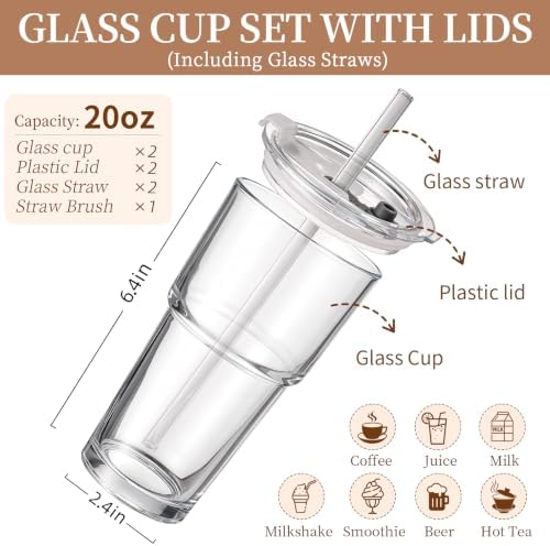 Iced Coffee Cups with Lids 2Pcs: Coffee Bar Accessories - Glass Tumbler with Straw and Lid 20oz - Vintage Glass Cups with Lids and Straws - Tumbler Leak Proof Aesthetic Drinkware for To Go Iced Coffee