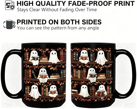 Halloween Ghost Reading Coffee Mug, Bookshelf Tea Cup, Black, 15oz