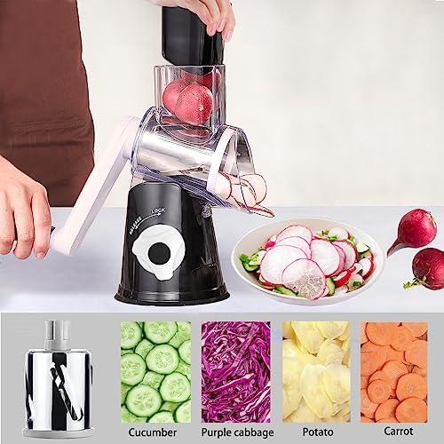 Handheld Rotary Cheese Grater Shredder- 3 Interchangeable Stainless Steel Drum Blades Manual Round Mandolin Vegetable Slicer Nut Grinder with Upgraded Strong Suction Base & Free Sharp Peeler, Black