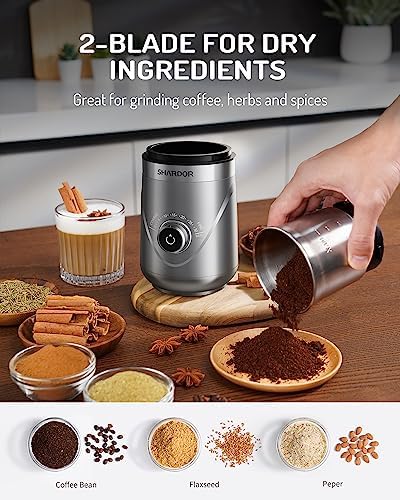 SHARDOR Electric Super Silent Blade Coffee Grinder, Timed Grind Control Rotary Knob, Adjustable Coarse to Fine for Coffee Beans, Spices & Herbs, with 2 Removable Stainless Steel Bowl, Sliver