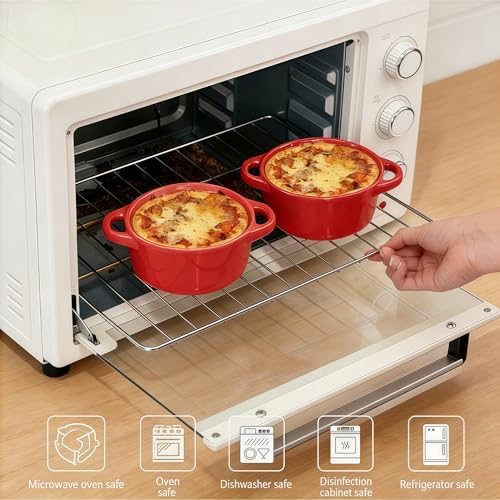 Mini Dutch Oven Set of 4, 14 oz Ceramic Mini Dutch Ovens with Lids and Handles, Ramekins with Lids for French Onion Soup, Pot Pies, Soufflés and Baked Desserts, Oven Microwave Dishwasher Safe, Mini Cocotte，（Red）