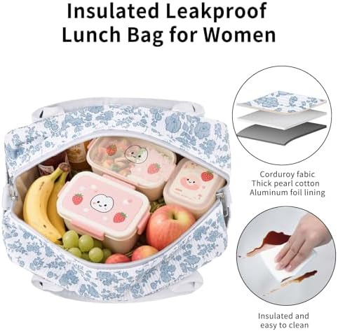 Lunch Bag Women Lunch Box for Women Adult Cute Insulated Lunch Bag Lager Cooler Lunch Tote Bags for Work Picnic (Blue-Floral)
