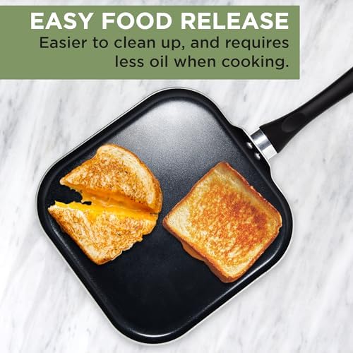 Ecolution Artistry Nonstick Square Griddle, Easy To Clean, Comfortable Handle, Even Heating, Dishwasher Safe Pots and Pans, 11-Inch, Black