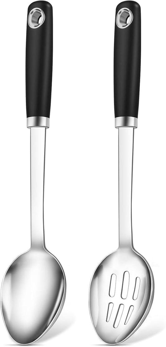 2 Pcs Stainless Steel Cooking Spoons Set, Solid & Slotted Metal Serving Spoons, Heavy Duty Sturdy Large Soup Ladle, High Heat Resistant Kitchen Cooking Utensils for Mixing, Stirring, Easy to Clean