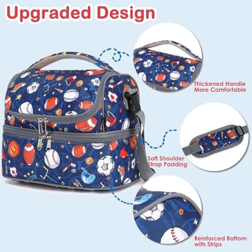FlowFly Double Decker Cooler Insulated Lunch Bag Large Tote for Boys, Girls, Men, Women, With Adjustable Strap, Football