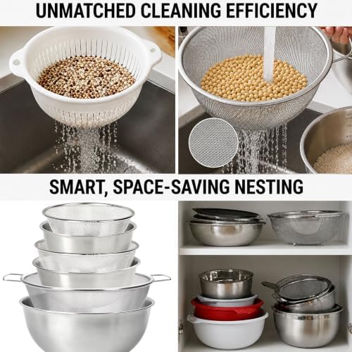 HAPPY KIT 18/8 Stainless Steel Bowl and Colander Set, 6-Piece, Nesting