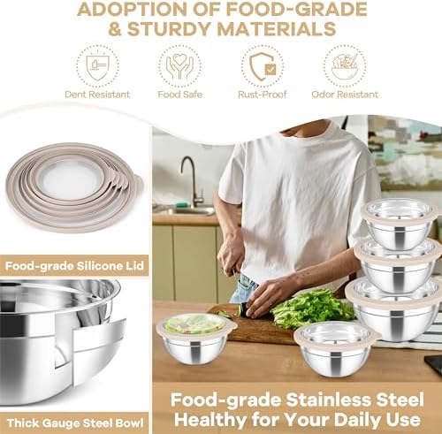 TeamFar Mixing Bowls Set, Stainless Steel Salad Bowl with Lids, Khaki