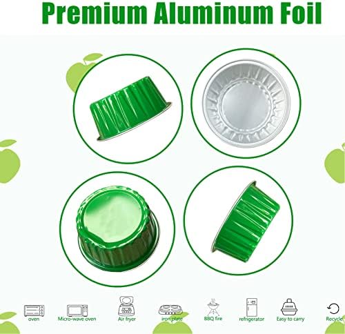 100Pcs Aluminum Cups with Lids,5oz Disposable Ramekin Baking Cups Muffin Liners Mini Pie Pans Foil Cupcake Containers for Christmas Party Wedding Party,Green