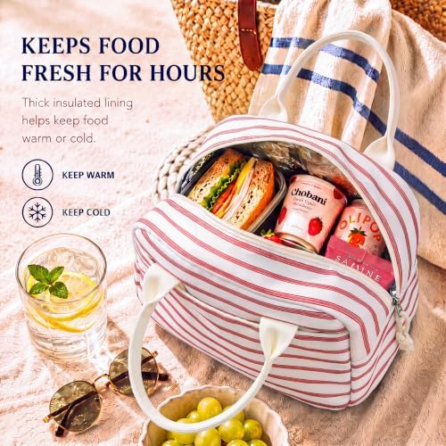 LOVELYWIND Lunch Box for Women, Insulated Lunch Bag, Pink Stripe Tote