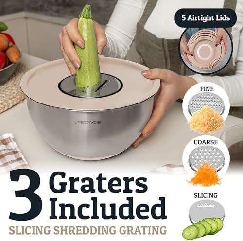 Priority Chef Stainless Steel Mixing Bowls with Lids Set, 3 Grater Attachments, Airtight Lids, Non-Slip Silicone Base Mixing Bowl Set, Large Prep Metal Mixing Bowls for Kitchen, Khaki