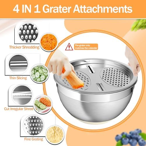 Nicdiet Mixing Bowls with Airtight Lids, Stainless Steel Mixing Bowl Set with 3 Metal Nesting Bowls, Colander & Grater, Non-Slip Bottoms, Size 1.5, 2.5, 5 QT, Great for Mixing & Serving, Khaki