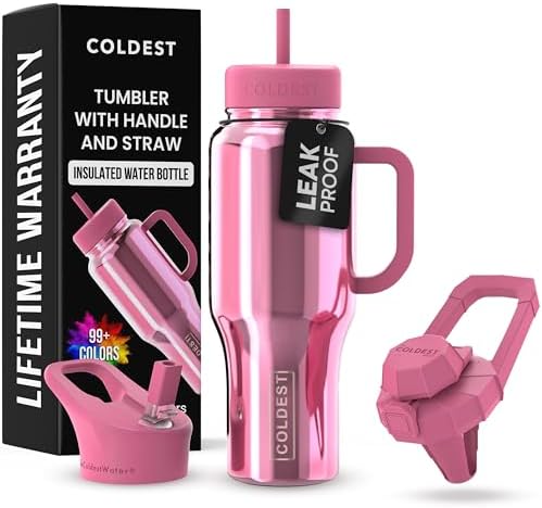 Coldest Tumbler with Handle and Straw - 100% Spill Proof Tumbler with Straw (3 Lids) - Stainless Steel Insulated Leakproof Tumblers for Women & Men - 36 oz (Pink Reflections)