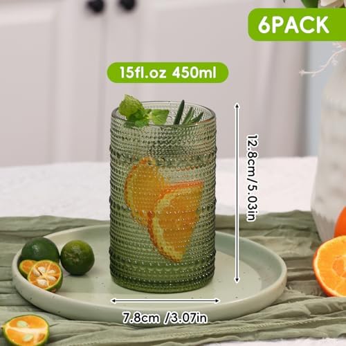 Moretoes 15oz Green Hobnail Drinking Glasses Set of 6
