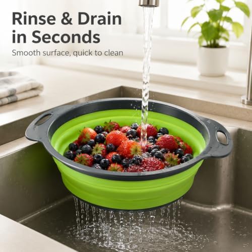 Collapsible Colander Set, 3 Pack Silicone Kitchen Strainer Set, Space Saving Design, Small Round Colander Baskets for Draining Pasta, Vegetable and fruit, (2Qt+3Qt+5Qt)