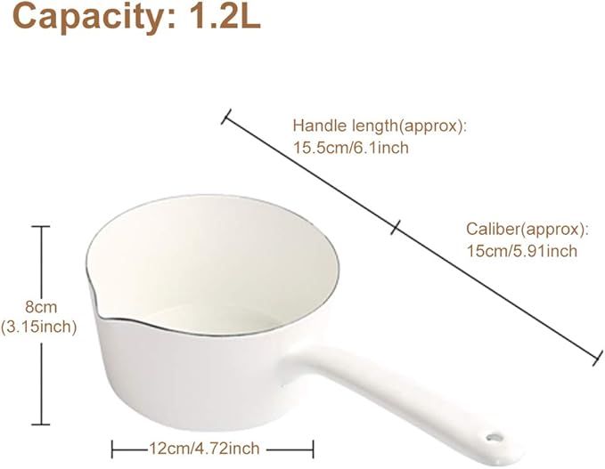 1.2L Saucepan, Nonstick Milk Pan with Pour Spouts, Butter Warmer, Melting Milk Boiling Porridge Soup Saucepan Gas Stove Enamel Milk Pot with Handle for Home Kitchen(White)