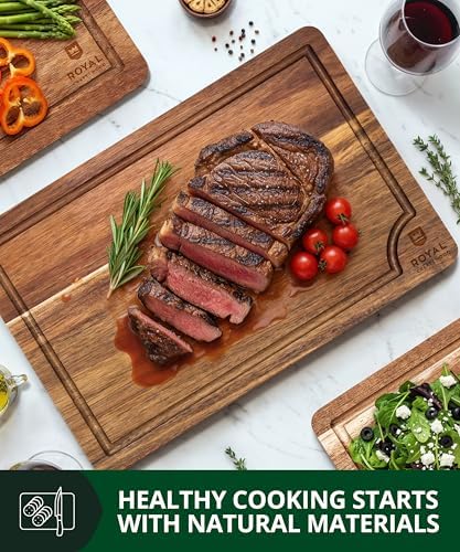 ROYAL CRAFT WOOD Wooden Cutting Boards for Kitchen Meal Prep & Serving - Bamboo Wood Serving Board Set with Deep Juice Groove Side Handles - Charcuterie & Chopping Butcher Block for Meat