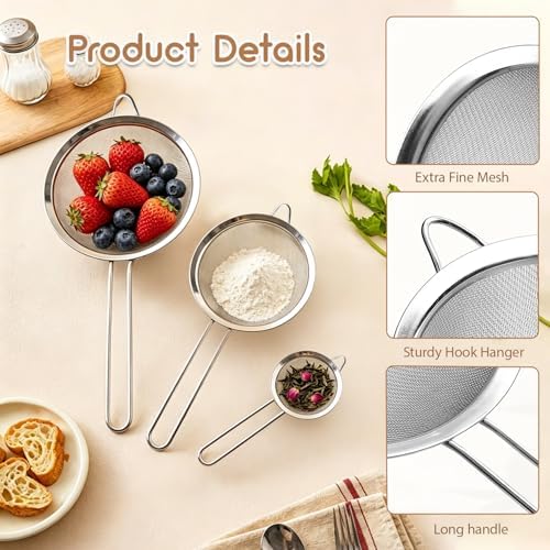 Fine Mesh Strainer Set of 3, Stainless Steel Sieve Sifters with handle, Medium Small Mini Size, Kitchen Strainers Colander Set for Sifting, Straining & Cooking(2.2"/3.9"/5.5")