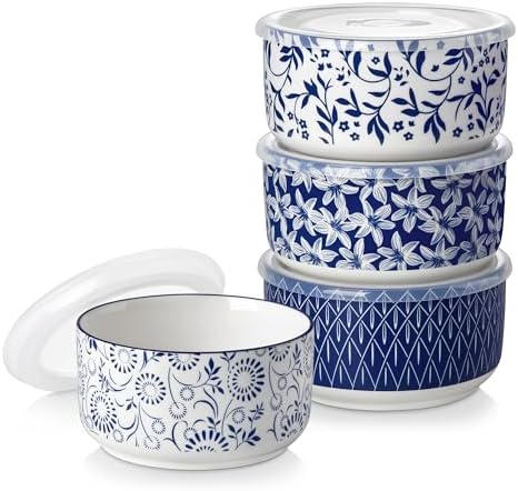 vancasso 36 Oz Ceramic Serving Bowls with Lids Set of 4, Porcelain Lunch Bowls with Lids for Food Storage, Prep Bowl for Kitchen, Microwave & Dishwasher Safe,Series SELENE