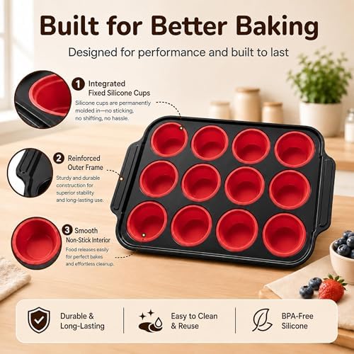 Silicone Muffin Pans for Baking, 12-Cup Muffin Tin with Metal Frame