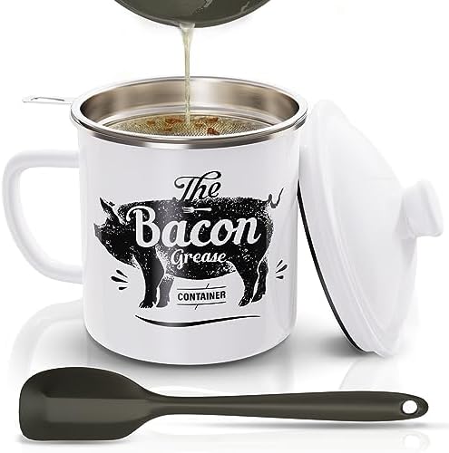 PGYARD Bacon Grease Container with Strainer-46OZ Enamel Keeper with Spatula