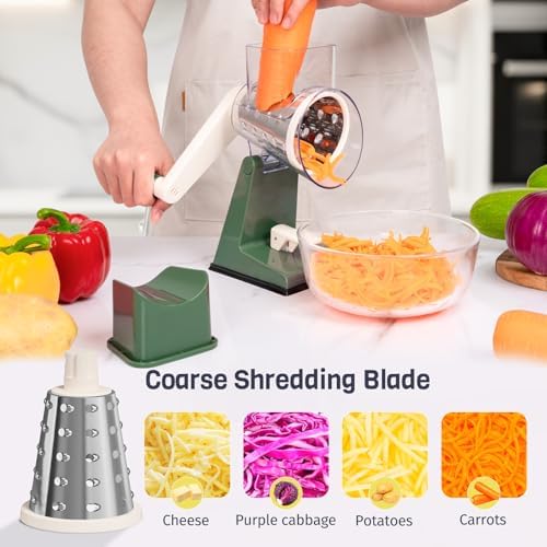 Upgraded Rotary Cheese Grater with 3 Interchangeable Stainless Steel Drums, One-Press Powerful Suction Manual Vegetable Shredder & Slicer for Kitchen, 15pcs Storage Bags Included, Olive Green