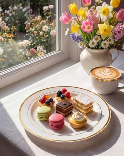 bUCLA 100Pieces Gold Plastic Dinner Plates - 10.25inch White and Gold Plates Disposable for Party - Ideal for Wedding, Party & Daily Use