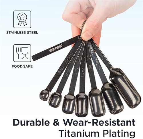 Deiss PRO Heavy Duty Stainless Steel Measuring Spoons for Cooking Spices Dry or Liquid Ingredients Fits in Spice Jar Adjustable Measuring Spoon Set of 7 Measuring with Leveler Measuring Spoons Set
