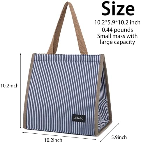Insulated Lunch Bag for Work, 10.2"x5.9"x10.2" Oxford Waterproof Lunch Tote, Thermal Lunch Box for Office, Picnic & Outdoor, Blue and White Striped Canvas Tote Bag