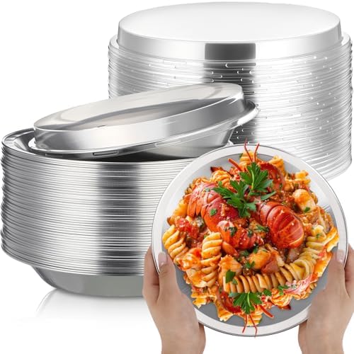 25 Pack 9 Inch Heavy Duty Aluminum Pie Tins with Lid, Silver
