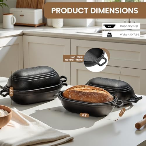 Cast Iron Loaf Pan with Lid-Bread Baking Pan for Sourdough,Pre-Seasoned Dutch Oven, 11 X 7 Inch Loaf Pans for Homemade,Heavy Duty with Even Heating